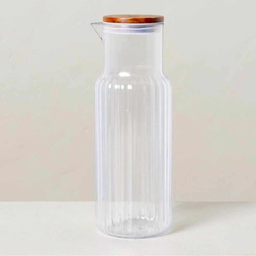 Hearth & Hand Magnolia 37oz Ribbed Clear Plastic Beverage Carafe with Wood Lid